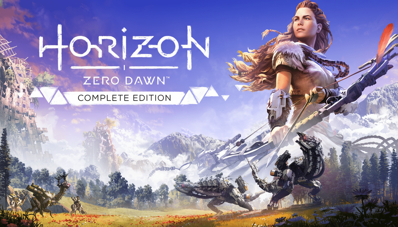 Horizon Zero Dawn Complete Edition game cover showing Alo y in a futuristic , natural landscape with robotic creatures .