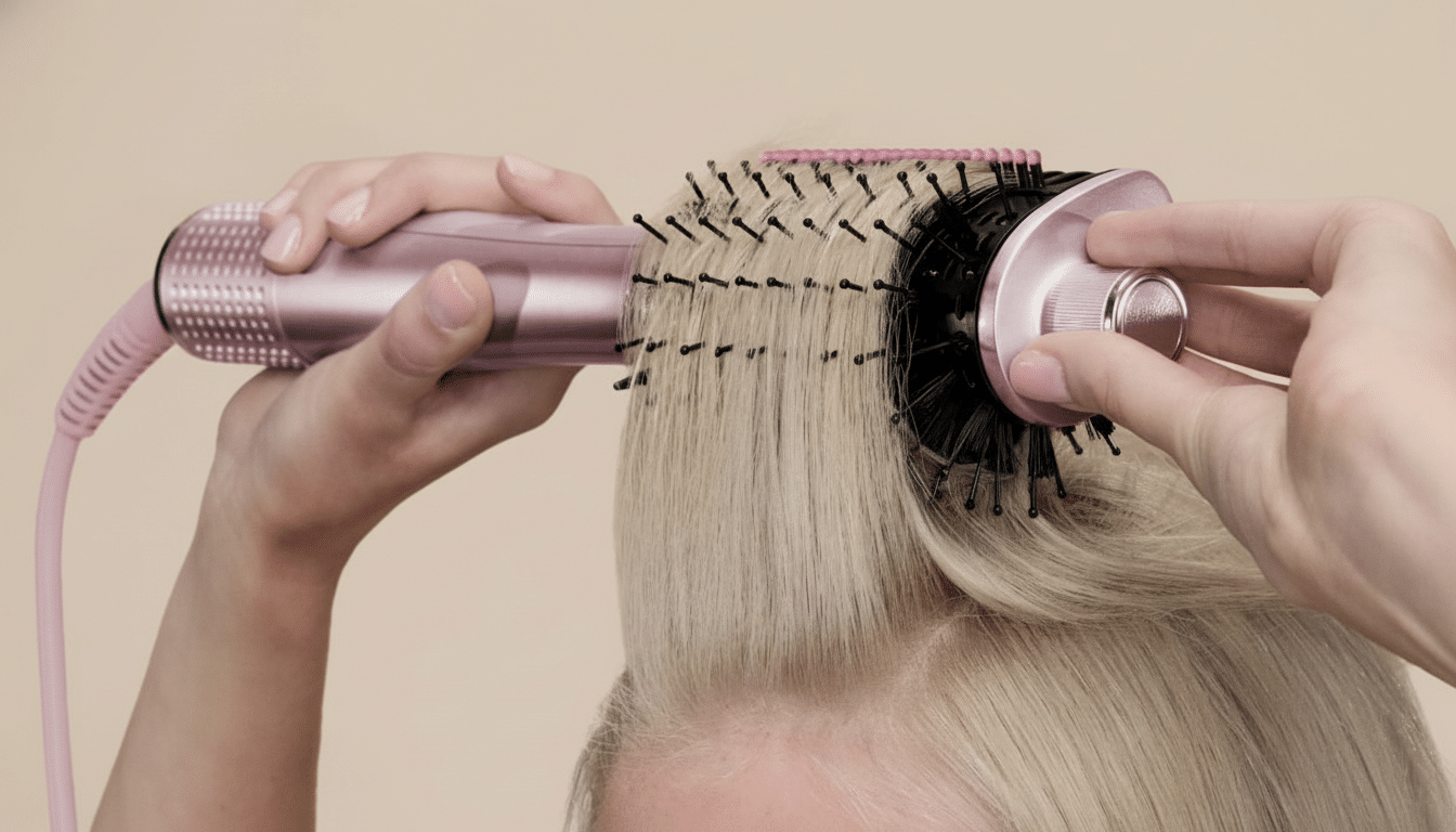 Close- up of a person using a pink hot air styling brush on blonde hair against a light beige background.