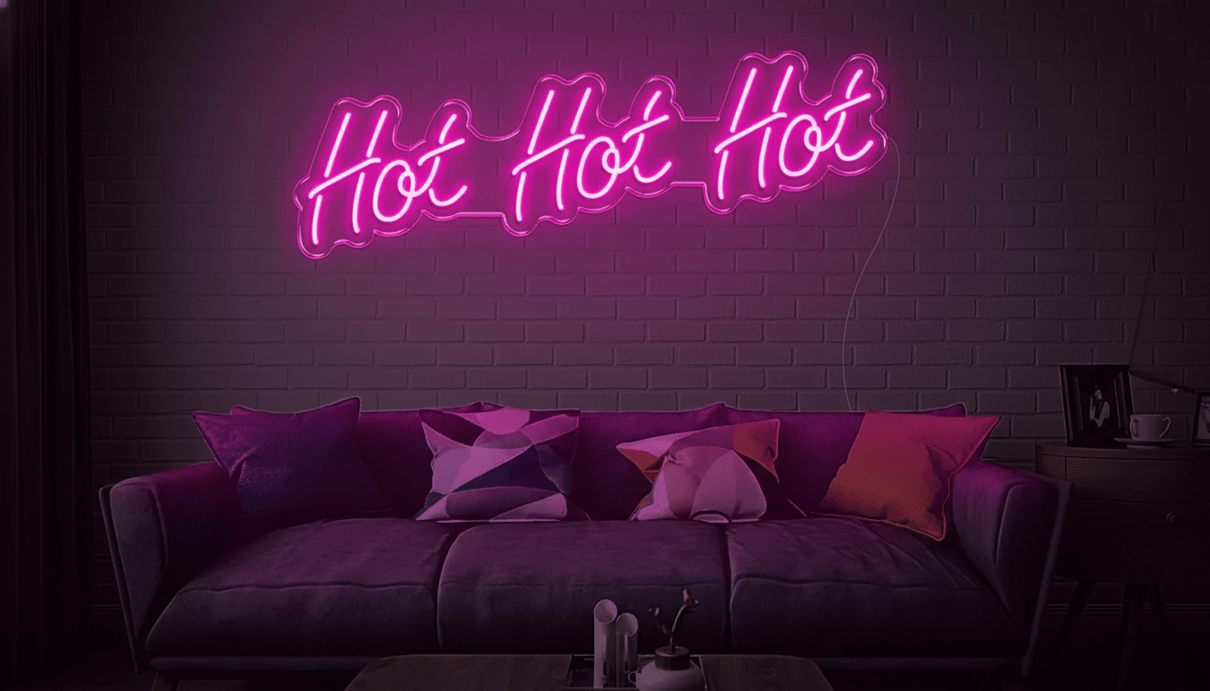 Hot neon sign in a room with a purple sofa.