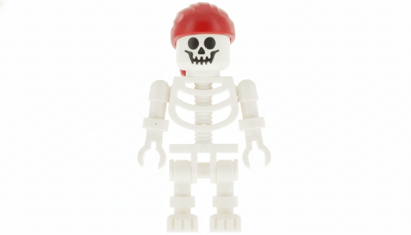LEGO Skeleton minif igure with a red bandana on a white background. Filename: lego skeletonmin ifi