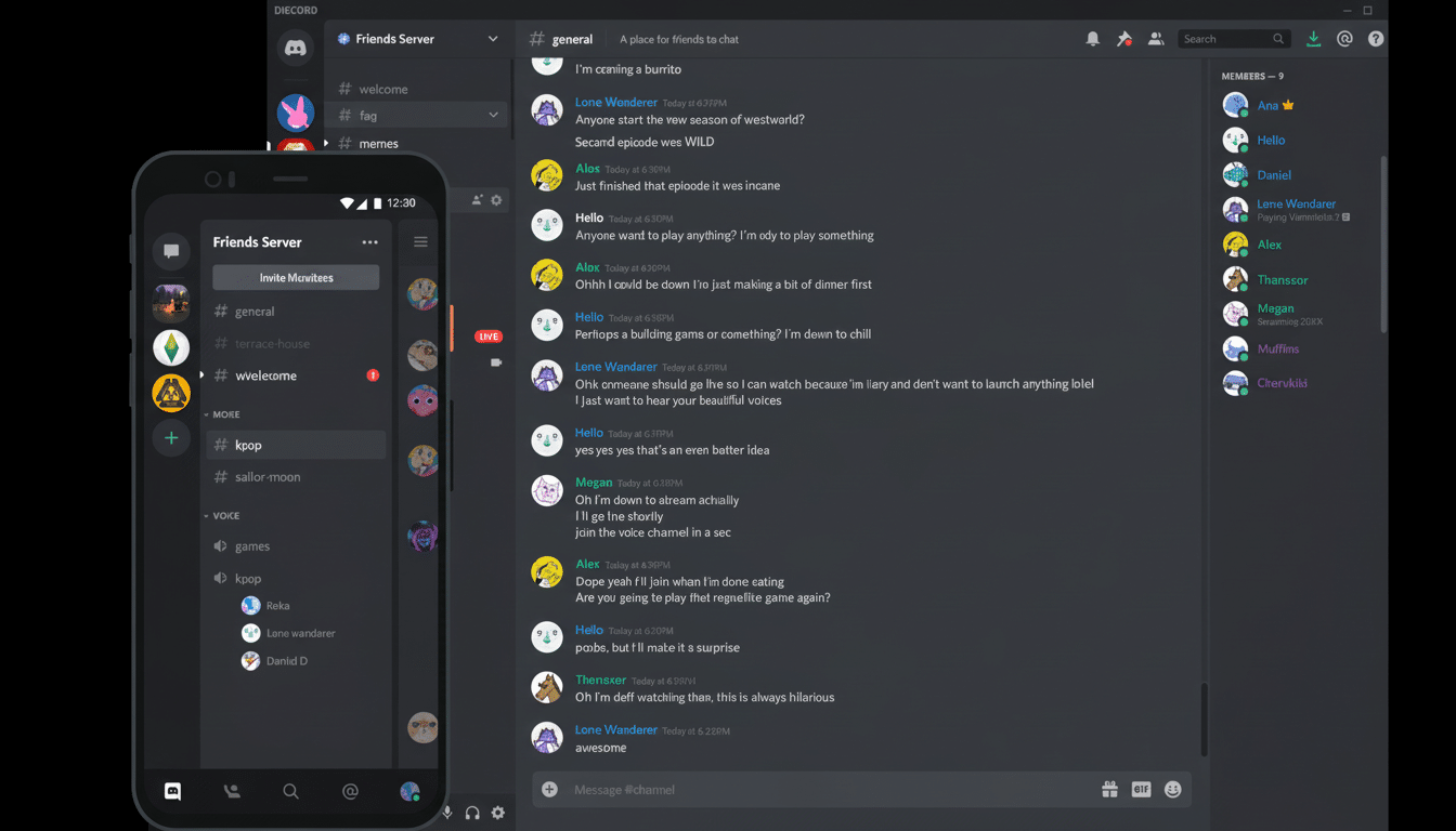 A professional , enhanced image of the Discord desktop and mobile app interfaces , showcasing a chat conversation and server list with user avatars , adjusted to a 1 6:9 aspect ratio. Filename : discordinterfaces 16 9. png