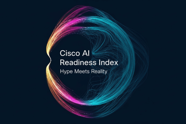 The Cisco AI Readiness Index logo, featuring a circular design made of swirling , colorful lines ( pink, orange , blue ) on a dark blue background. The text C isco AI Readiness Index is prominently displayed, with Hype Meets Reality below it .
