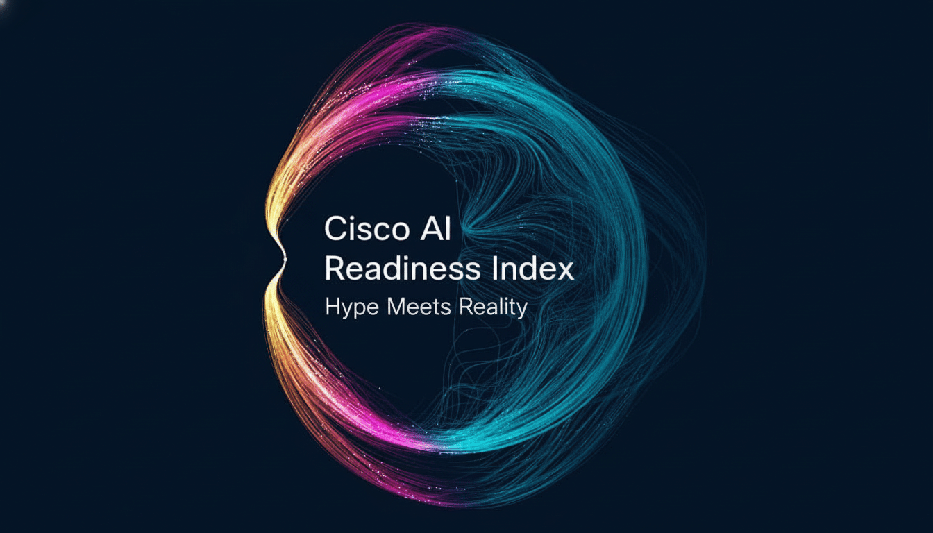 The Cisco AI Readiness Index logo, featuring a circular design made of swirling , colorful lines ( pink, orange , blue ) on a dark blue background. The text C isco AI Readiness Index is prominently displayed, with Hype Meets Reality below it .