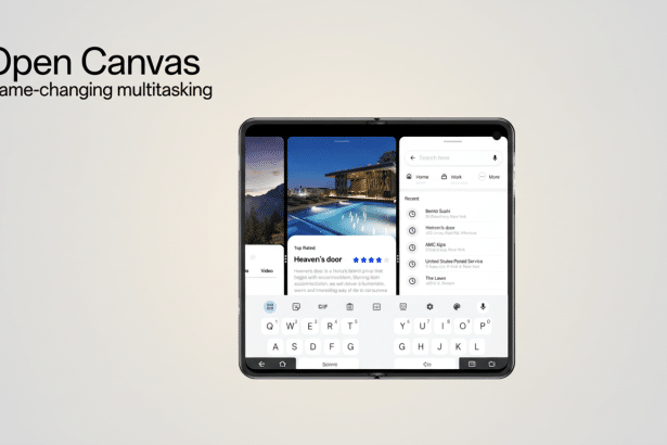 A professional presentation of Open Canvas Game -changing multitasking text with a smartphone displaying multiple app windows on a soft gray gradient background. Filename : opencanvas multitasking smartphone . png