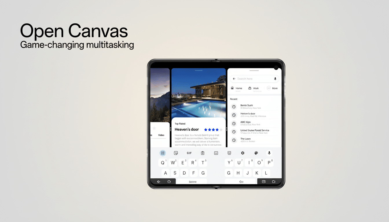 A professional presentation of Open Canvas Game -changing multitasking text with a smartphone displaying multiple app windows on a soft gray gradient background. Filename : opencanvas multitasking smartphone . png