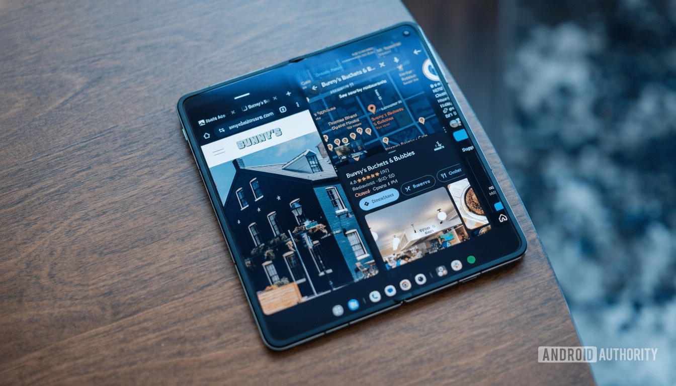An Android Authority image of a foldable phone displaying a Google Maps listing for  Bunny's Buckets & Bub bles on a wooden surface.