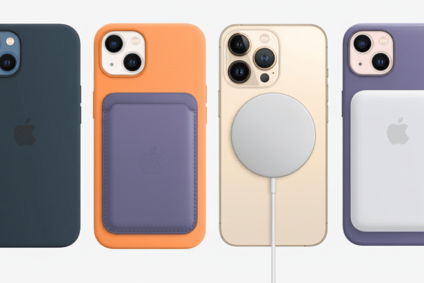 Four iPhone 13 models displayed side-by -side with various accessories. From left to right: a blue iPhone with a plain back, an orange iPhone with a purple MagSafe wallet, a gold iPhone with a white MagSafe charger attached , and a purple iPhone with a white MagSafe battery pack. Filename : iphone1 3accessories. png