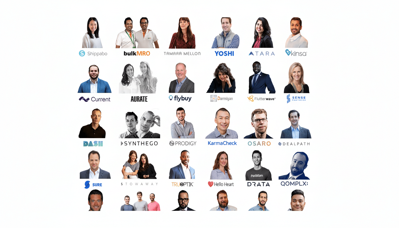 A grid of 30 head shots of professionals, each with their company logo underneath , set against a plain white background. Filename : professionalhead shotsgrid. png