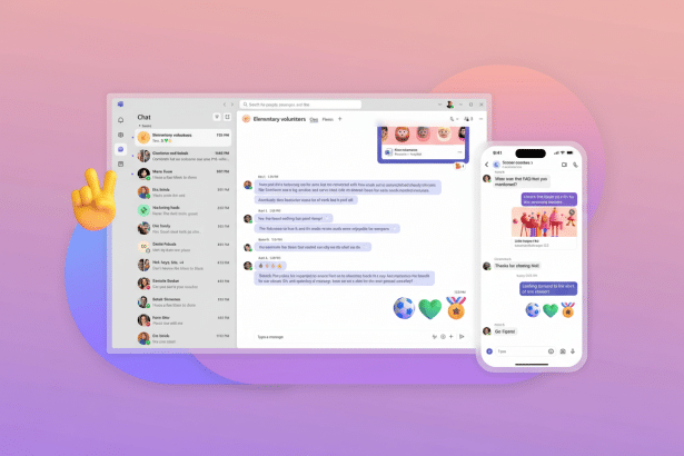 A professional screenshot showing a desktop chat application displaying multiple conversations, and a mobile phone displaying a conversation on the right. Both screens show chat interfaces with messages and user interactions .