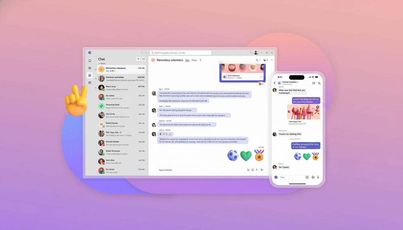 A professional screenshot showing a desktop chat application displaying multiple conversations, and a mobile phone displaying a conversation on the right. Both screens show chat interfaces with messages and user interactions .