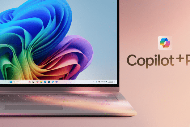 A professional image of a laptop displaying a vibrant Windows desktop , with the Cop ilot+ PC logo and text on a soft , gradient background to the right, presented in a 16:9 aspect ratio.