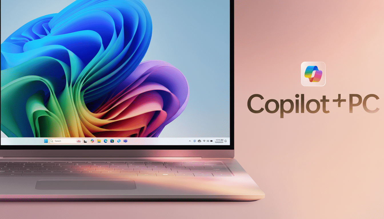 A professional image of a laptop displaying a vibrant Windows desktop , with the Cop ilot+ PC logo and text on a soft , gradient background to the right, presented in a 16:9 aspect ratio.