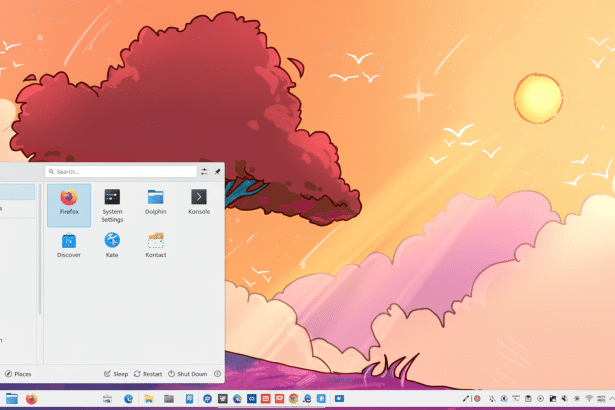 A desktop screenshot of a Linux operating system showing a menu with applications like Firefox, System Settings, Dolphin, Kon sole, Discover, Kate, and Kont act open over a cartoon background of a sunset with a large red tree and birds . The taskbar at the bottom displays various icons and the system time. Filename : linux desktopapplications 1 69. png