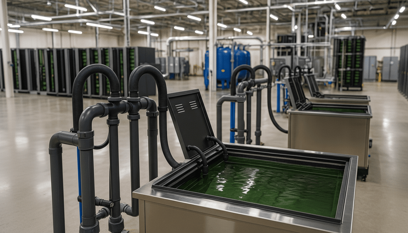 A large industrial facility with multiple open v ats containing green liquid , connected by dark pipes , with rows of machinery and blue tanks in the background.