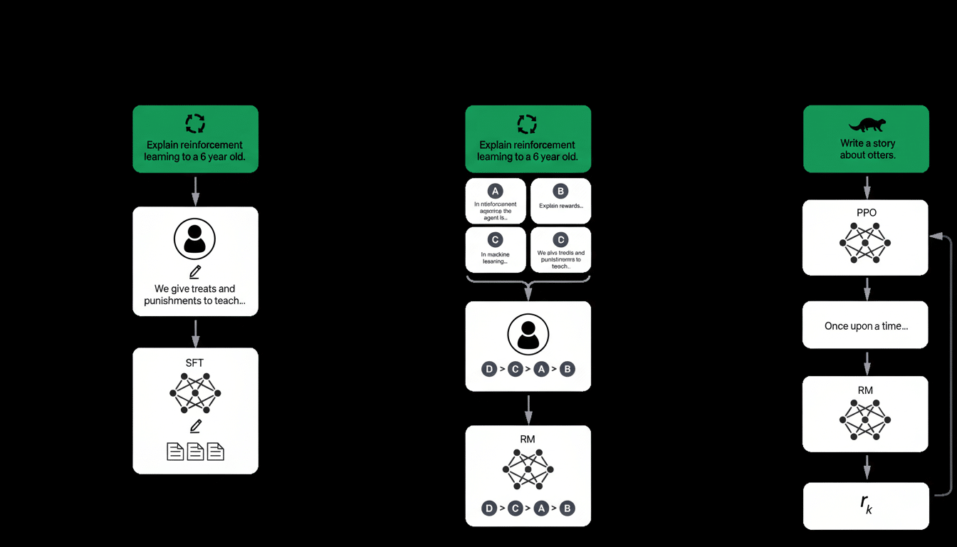 A professional diagram illustrating three different AI learning processes , each beginning with a green block representing a task (Explain reinforcement learning to a 6 year old. or Write a story about otters .) and detailing the steps involved with icons and network diagrams .