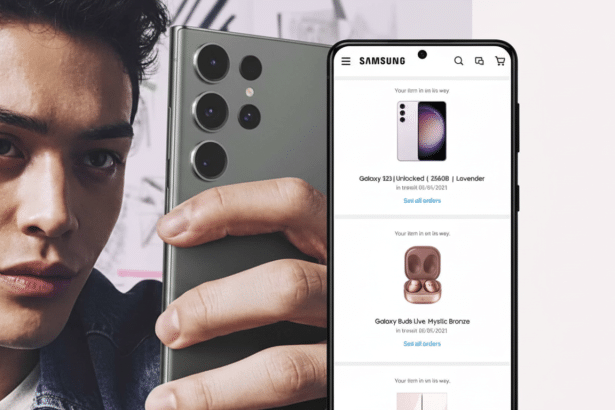 A man holding a Samsung S 23 Ultra phone next to a mobile screen showing order details for a Galaxy S 23 and Galaxy Buds Live.