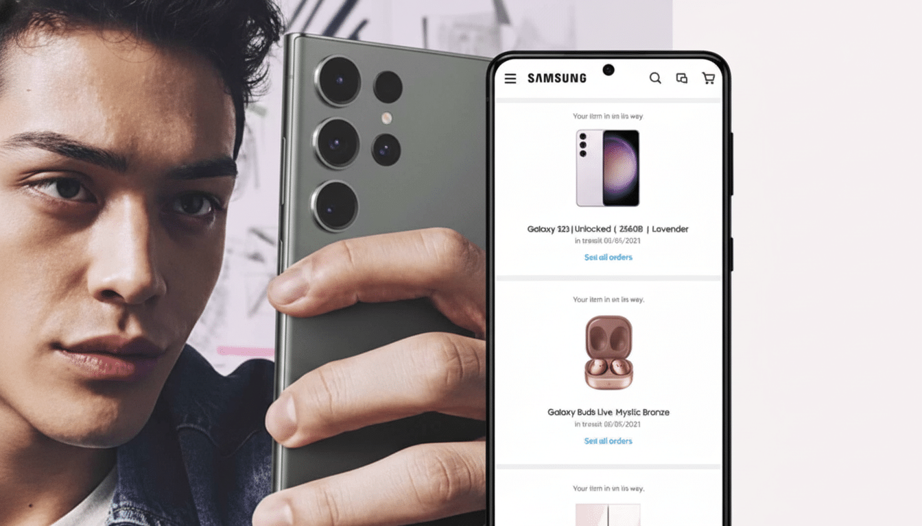 A man holding a Samsung S 23 Ultra phone next to a mobile screen showing order details for a Galaxy S 23 and Galaxy Buds Live.