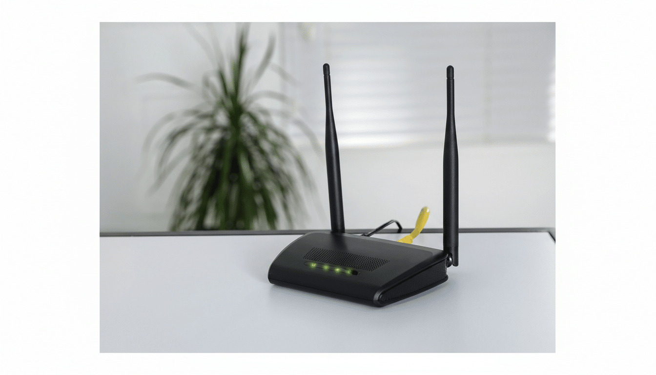 A black wireless router with two antennas and four green indicator lights on a white desk with a blurred green plant in the background, presented in a