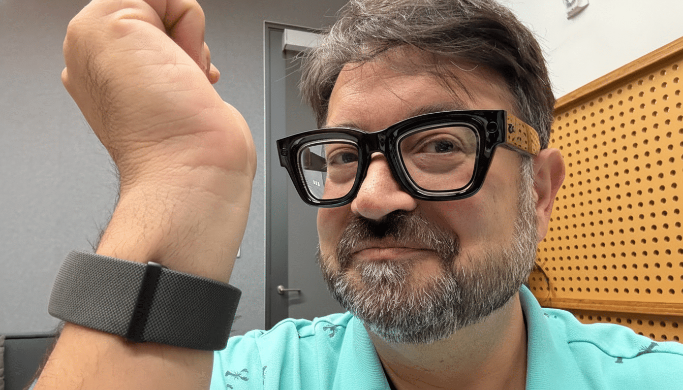 A smiling man with glasses and a beard shows off a gray wristband on his arm .