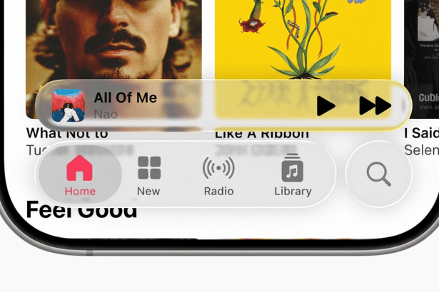 A close-up of an iPhone screen displaying the Apple Music interface with a song playing and navigation options visible.