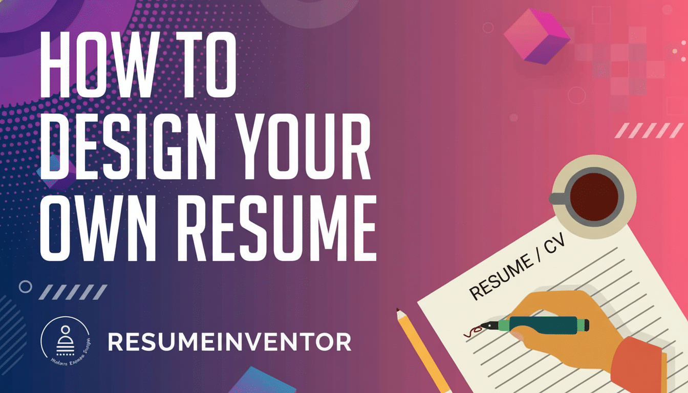 A banner image with the text HOW TO DESIGN YOUR OWN RESUME on a gradient background with geometric shapes, next to an illustration of a hand writing on a resume document with a cup of coffee and a pencil.