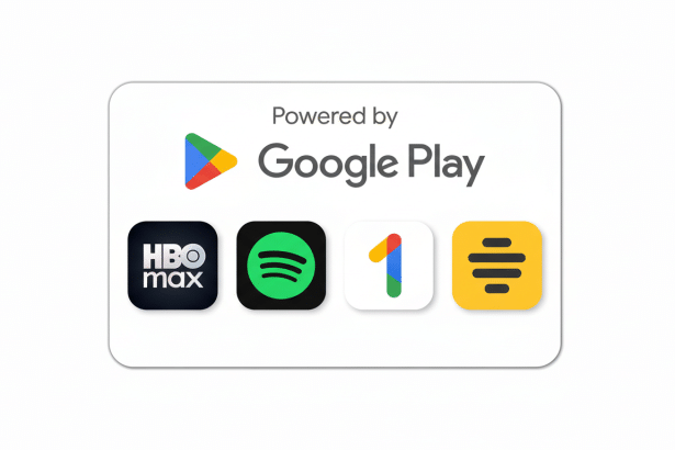 An image displaying Powered by Google Play with the Google Play logo, and below it, four app icons: HBO Max, Spotify , Google One, and Google Keep . The image is set on a subtle gradient background in a 16:9 aspect ratio.