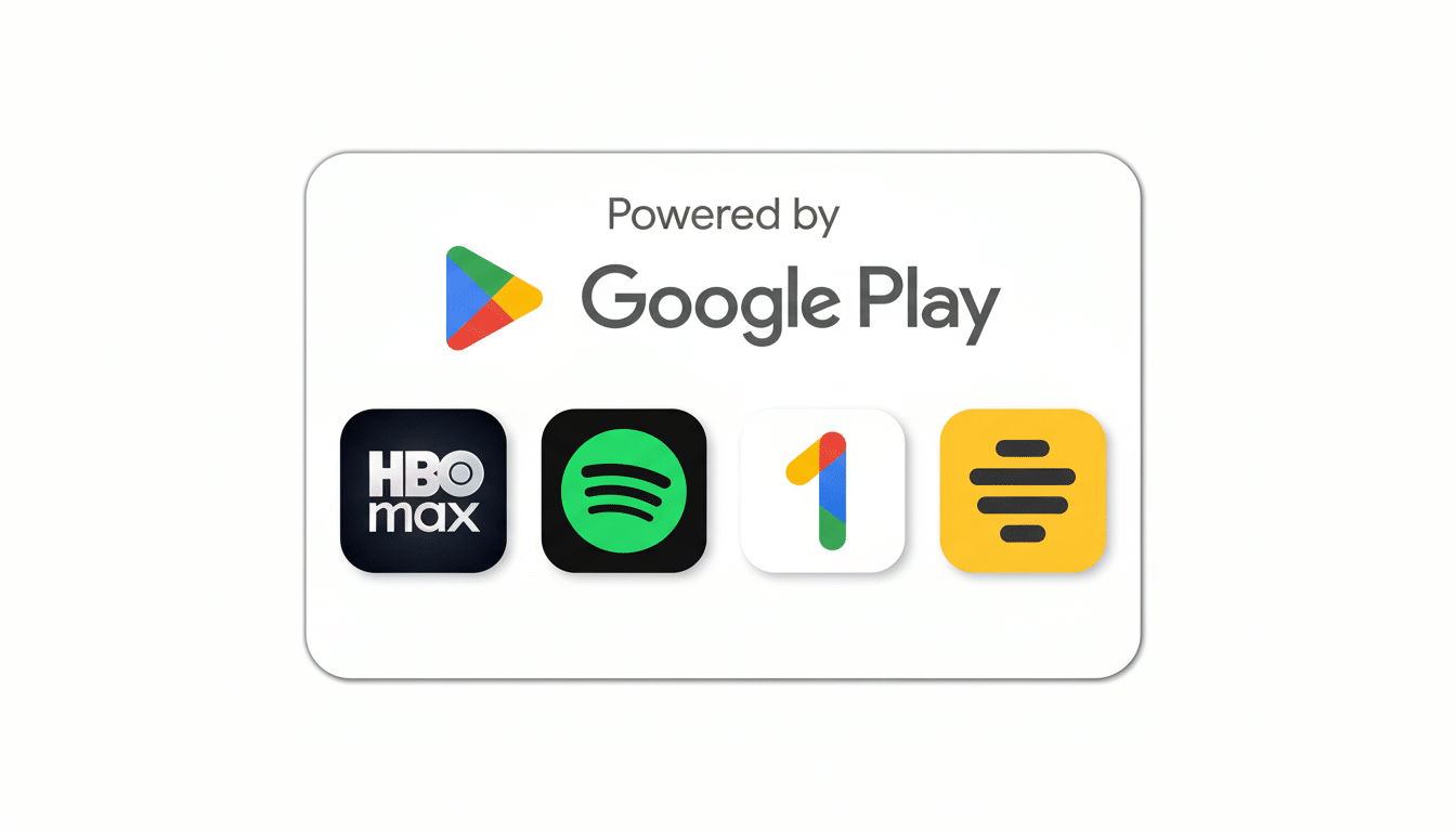 An image displaying Powered by Google Play with the Google Play logo, and below it, four app icons: HBO Max, Spotify , Google One, and Google Keep . The image is set on a subtle gradient background in a 16:9 aspect ratio.