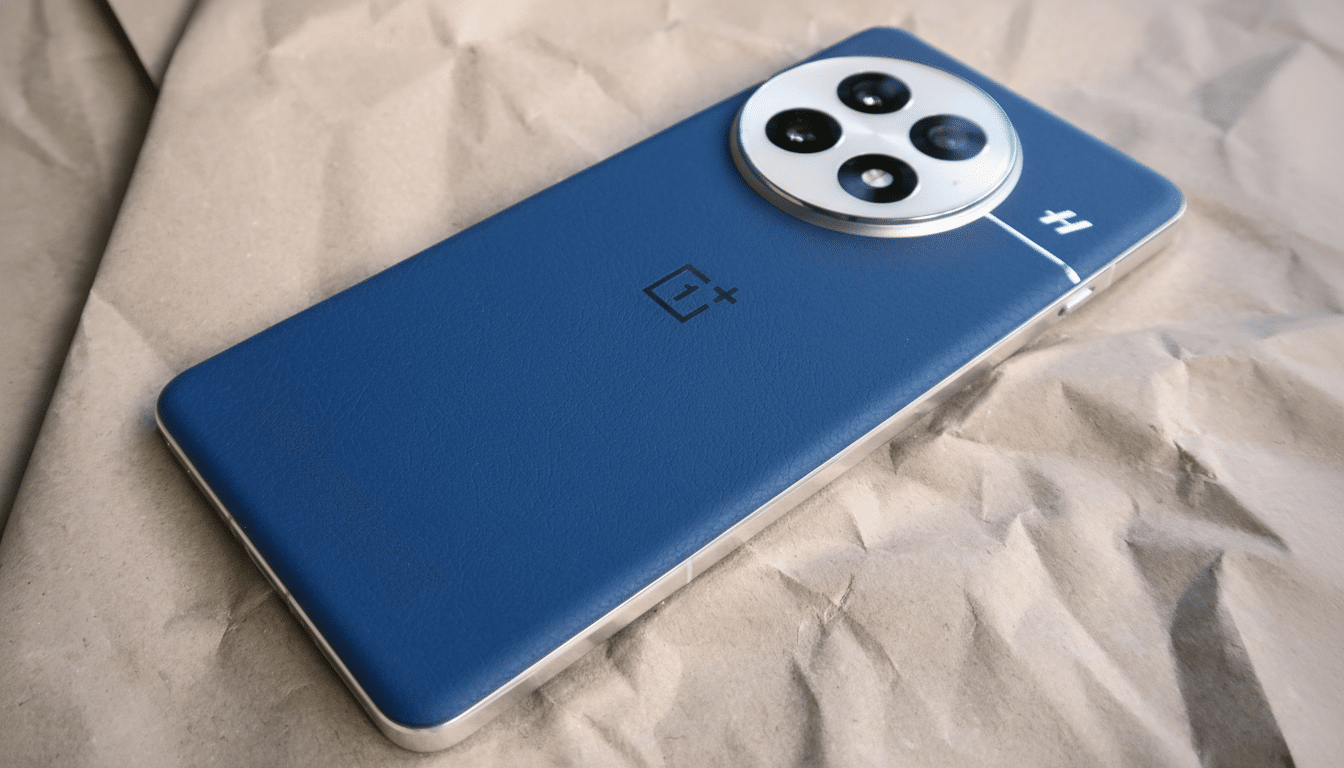 A blue smartphone with a circular camera module on a brown crumpled paper background, resized to a 16: 9 aspect ratio.