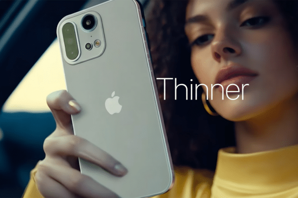 A woman in a yellow top holding a light - colored smartphone with a prominent camera module and the Apple logo, with the word Th inner superimposed on the image .