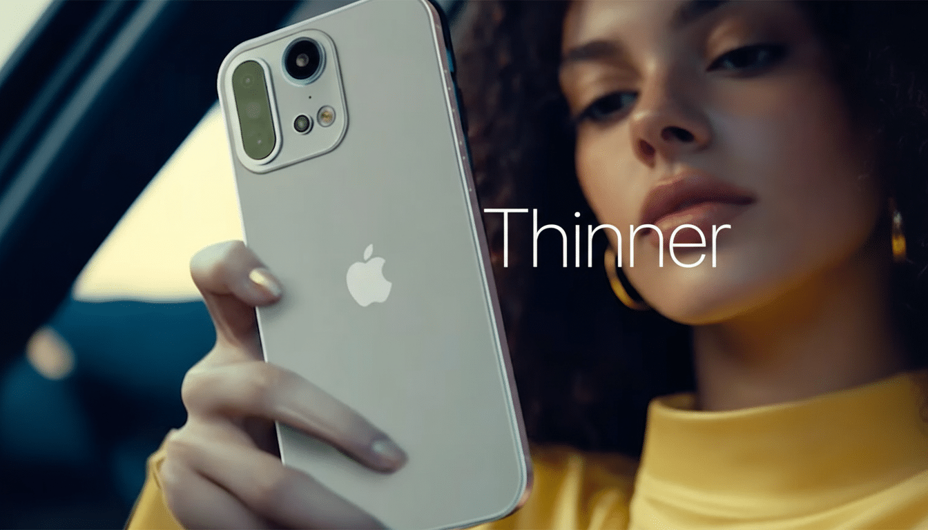 A woman in a yellow top holding a light - colored smartphone with a prominent camera module and the Apple logo, with the word Th inner superimposed on the image .