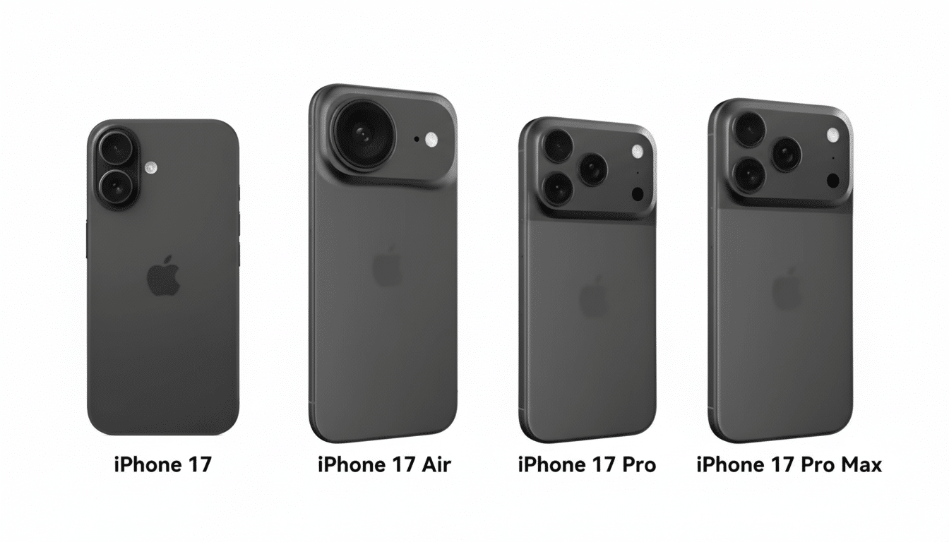 Four dark gray conceptual iPhone 17 models are arranged in a row against a light gray background, showcasing different camera configurations and sizes. Filename : iphone1 7models. png