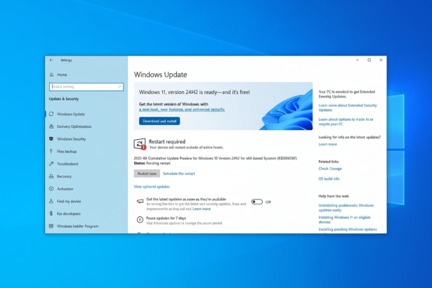 A screenshot of the Windows 11 Update settings page, showing an available update for Windows 11 , version 24 H2, and a Restart required notification . The background is a blurred desktop wallpaper .