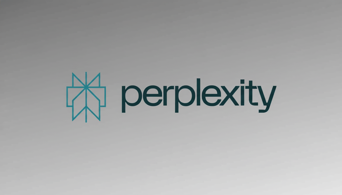 The Per plexity AI logo featuring a stylized blue geometric icon resembling a star or snowflake , next to the word perplexity  in a sans -serif dark teal typeface , all on a smooth gray gradient background. Filename : perplexity logo 16 9. png