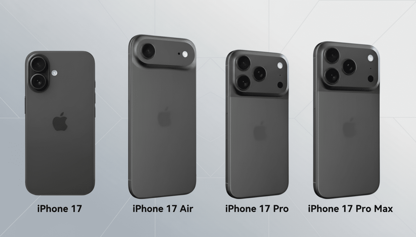 Four dark gray smartphones, labeled iPhone 17, iPhone 1 7 Air, iPhone 17 Pro, and iPhone 17 Pro Max, are displayed in a row against a gradient gray ba