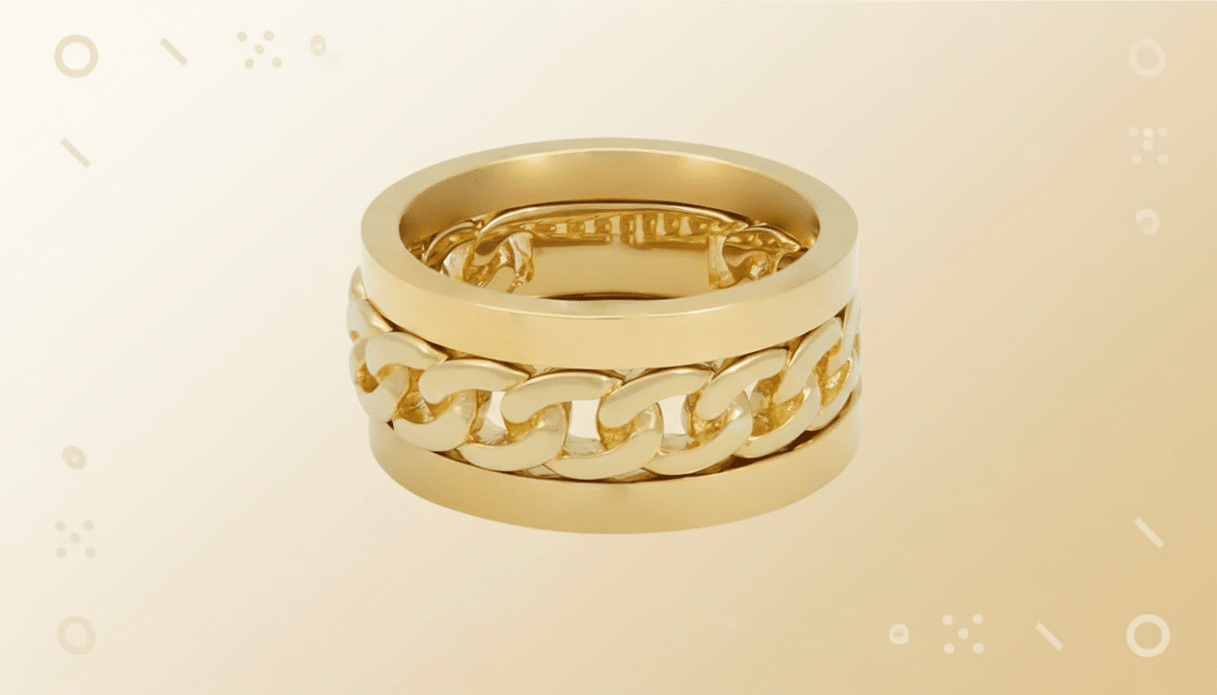 A professional shot of a gold ring featuring a central chain link design, resized to a 1 6: 9 aspect ratio with a soft, gradient background.