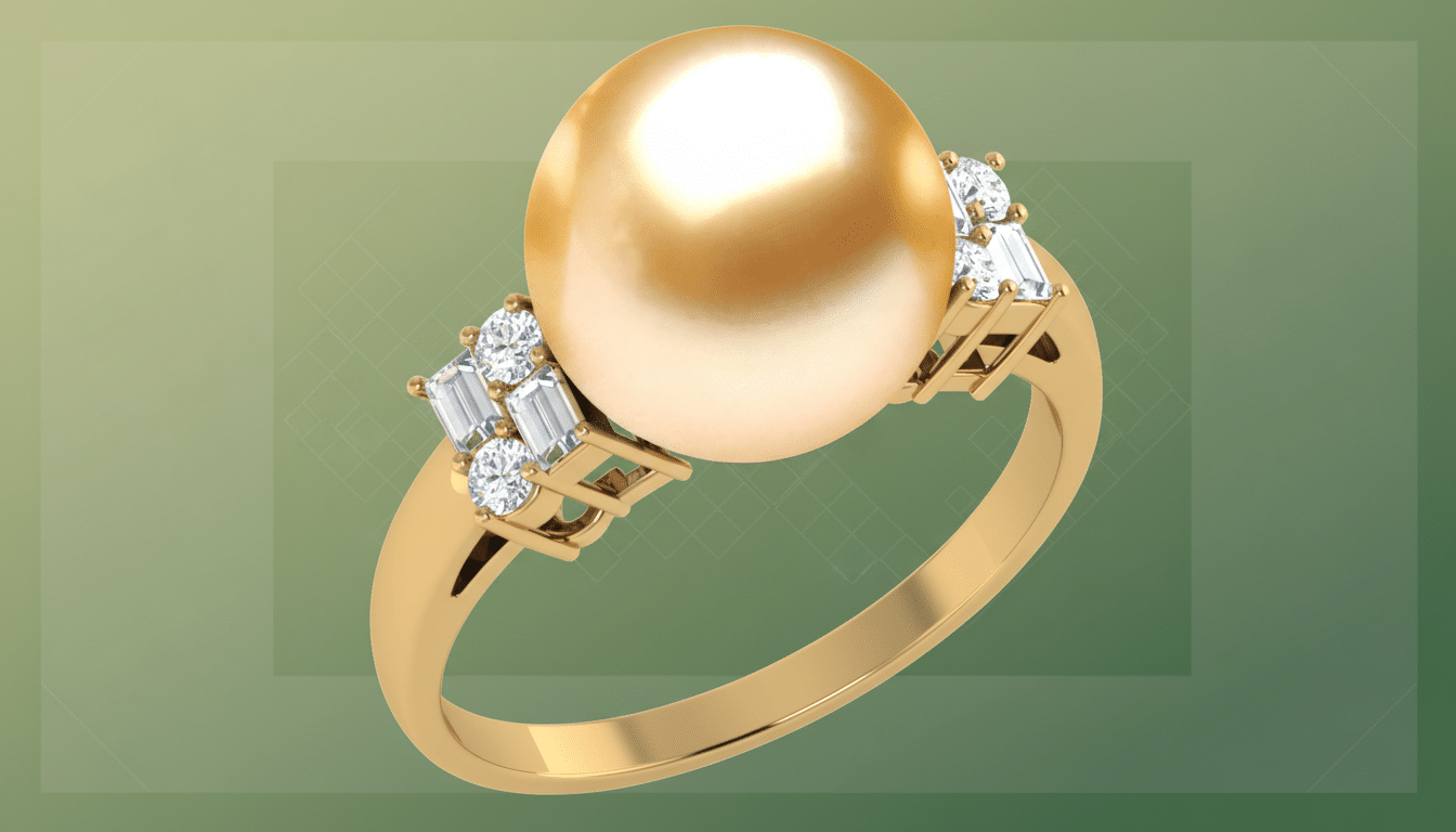 A golden pearl ring with diamond accents on a professional flat design background with soft green gradients and subtle patterns.