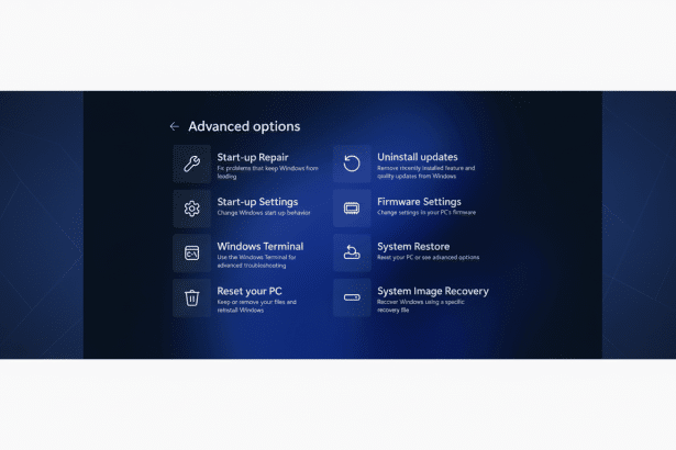 Screenshot of Windows Advanced options menu with six different options: Start- up Repair, Uninstall updates, Start- up Settings, Firmware Settings, Windows Terminal , System Restore, Reset your PC, and System Image Recovery . The interface has a dark blue background with white text and icons. Filename : windowsadvanced options. png