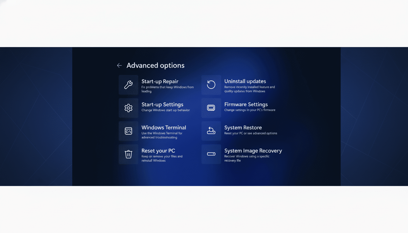 Screenshot of Windows Advanced options menu with six different options: Start- up Repair, Uninstall updates, Start- up Settings, Firmware Settings, Windows Terminal , System Restore, Reset your PC, and System Image Recovery . The interface has a dark blue background with white text and icons. Filename : windowsadvanced options. png