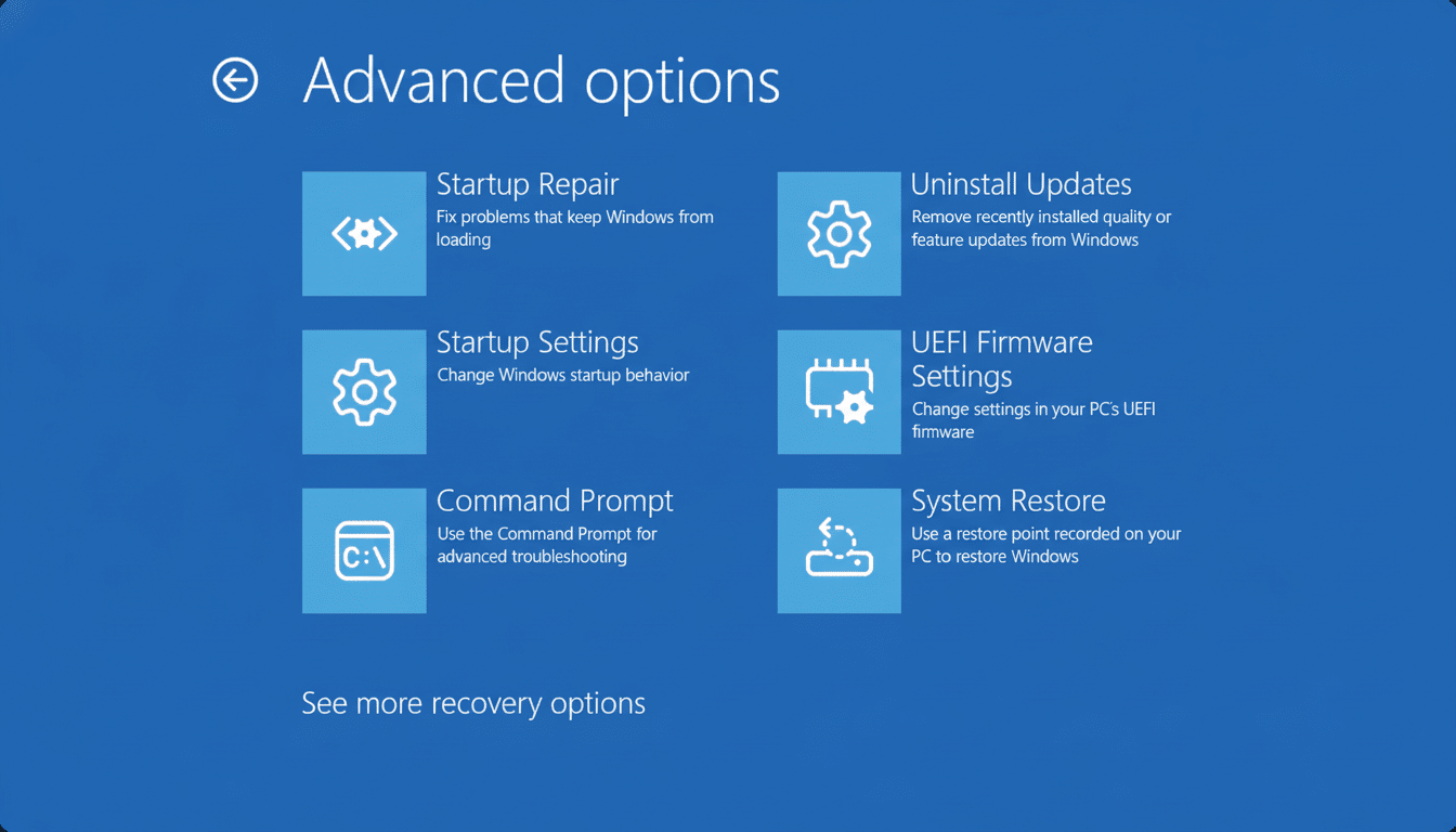 Screenshot of the Windows Advanced Options menu showing choices like Startup Repair, Uninstall Updates, Startup Settings , UEFI Firmware Settings , Command Prompt, and System Restore.
