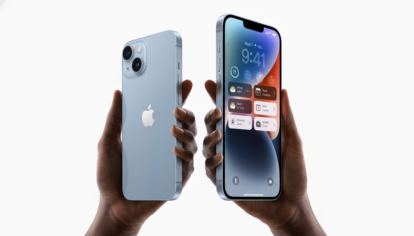 A 16:9 aspect ratio image of two hands holding light blue iPhones. One phone is shown from the back, displaying the Apple logo and dual cameras , while the other is shown from the front , displaying the phone's lock screen with the time 9:41 and various widgets.