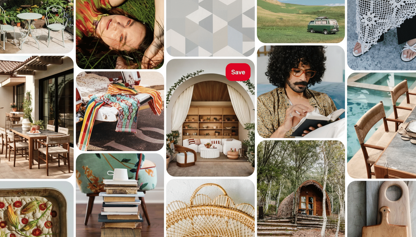 A Pinterest -style collage with an enhanced 16: 9 aspect ratio, featuring various lifestyle and design images . One image of a woman has been updated with a professional flat design background in a soft gray geometric pattern. Filename : pinterestcollage 16x 9enhanced. png