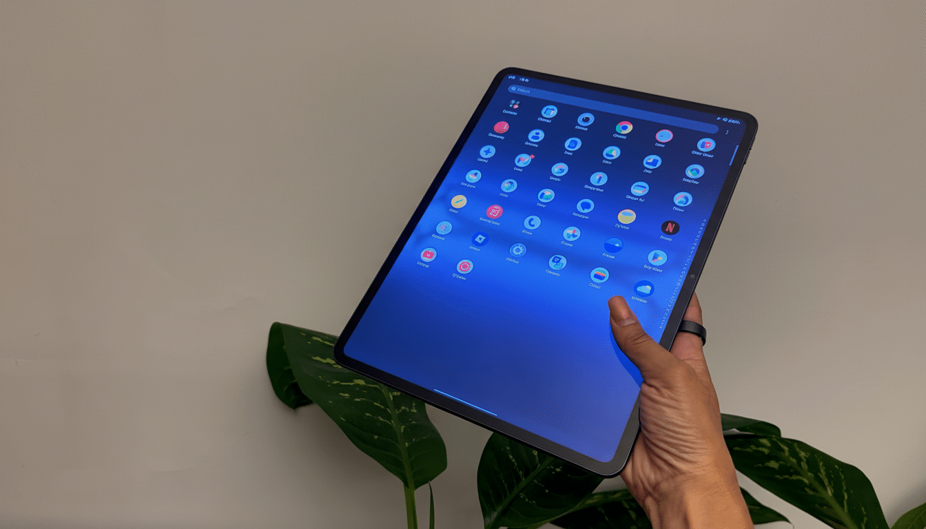 A hand holding a tablet displaying a blue home screen with various app icons , set against a neutral wall and green plant.