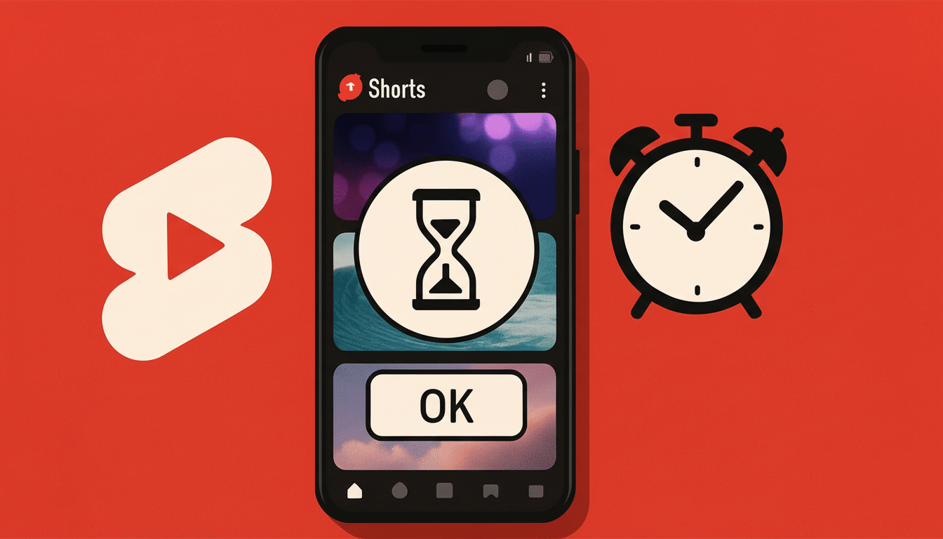 ** Alt Text**: A smartphone displaying YouTube Shorts with an hourglass icon, an  OK button, a lar
