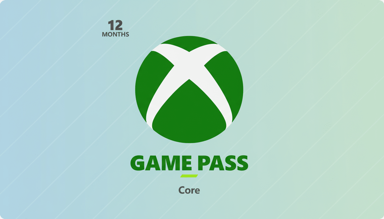 Xbox Game Pass Core 1 2 Months logo on a professional flat design background with soft patterns and gradients. Filename : xboxgame passcore 12 months. png