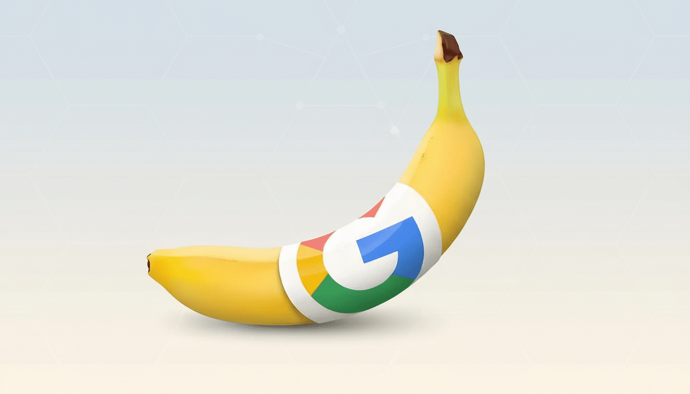 A ripe yellow banana with a Google logo sticker on its peel , set against a subtle, light gray gradient background with faint geometric patterns, resized to a 1 6:9 aspect ratio. Filename : googlebanana logo. png