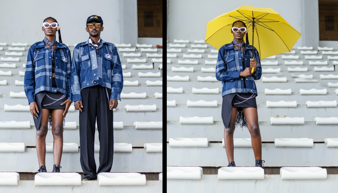 Two fashion models posing in denim jackets and white sunglasses, one holding a yellow umbrella, against a backdrop of stadium seating .