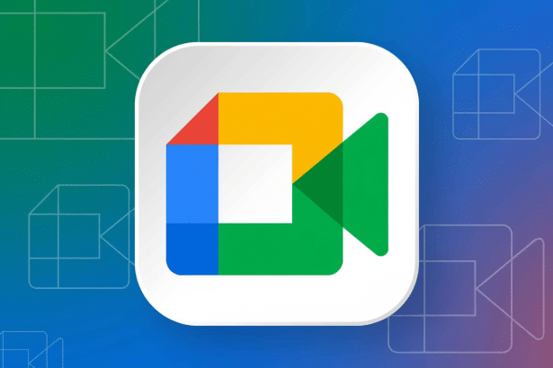 The Google Meet logo, a multicolored stylized video camera icon, centered on a background with subtle outlines of other camera icons and a gradient of blue , green, and purple .