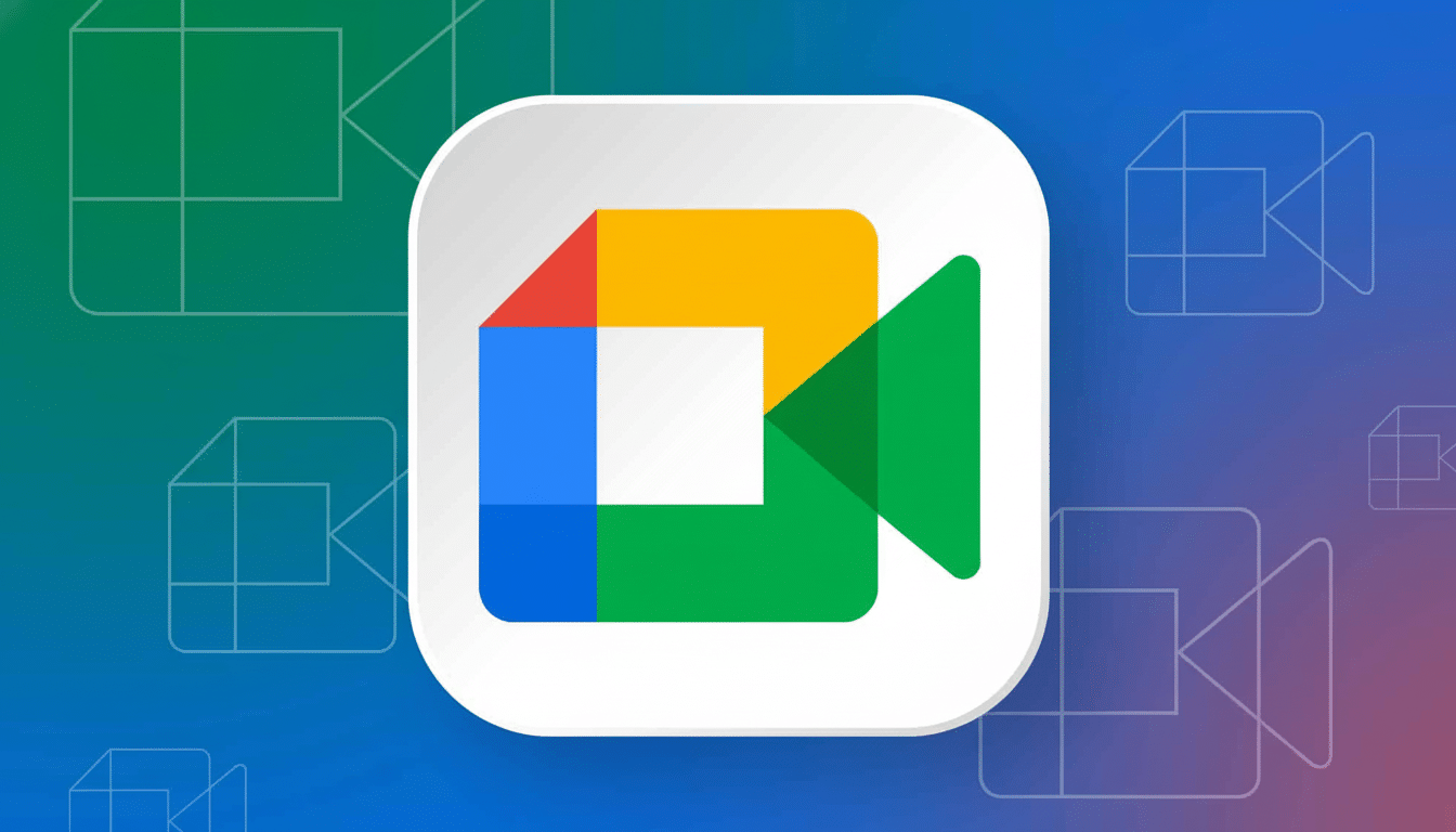 The Google Meet logo, a multicolored stylized video camera icon, centered on a background with subtle outlines of other camera icons and a gradient of blue , green, and purple .