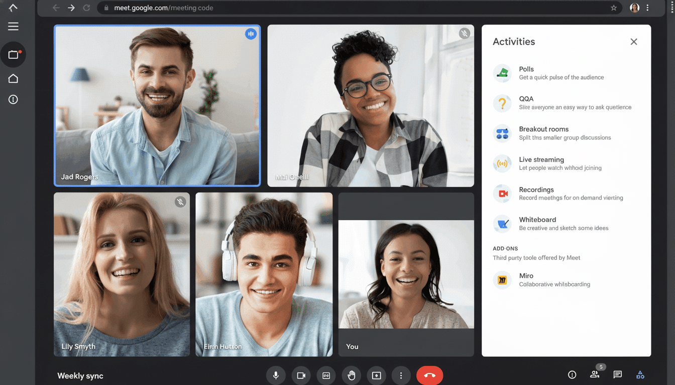 A screenshot of a Google Meet video conference with five participants on screen and an Activities sidebar .