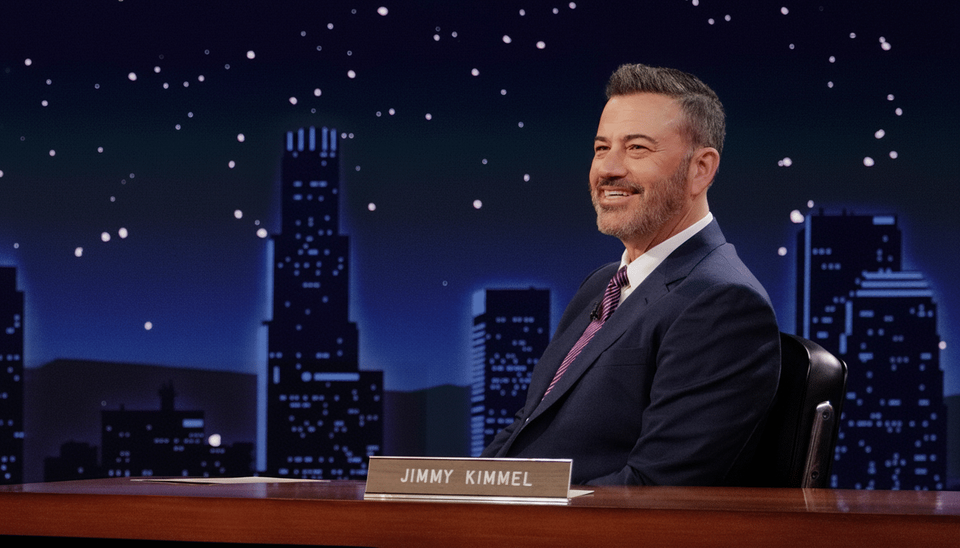 Jimmy Kimmel smiling and sitting at his desk on a late -night show set with a cityscape backdrop.